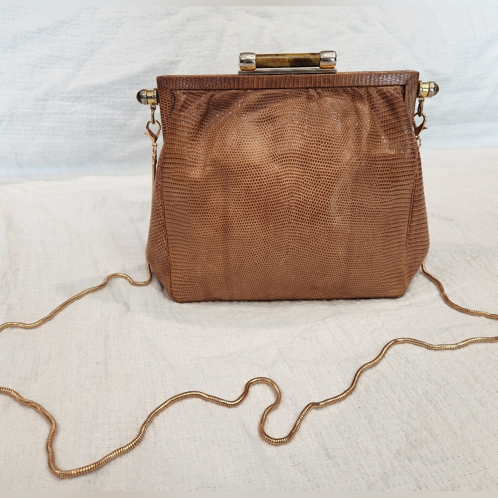 Gucci Lizard Exotic Leather Evening Bag Chain Purse Shoulder Crossbody Carmel